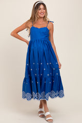 Blue Embroidered Shoulder Tie Maternity Midi Dress