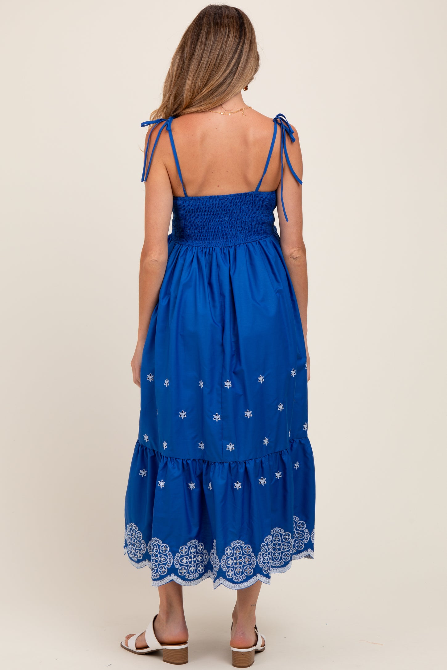 Blue Embroidered Shoulder Tie Maternity Midi Dress