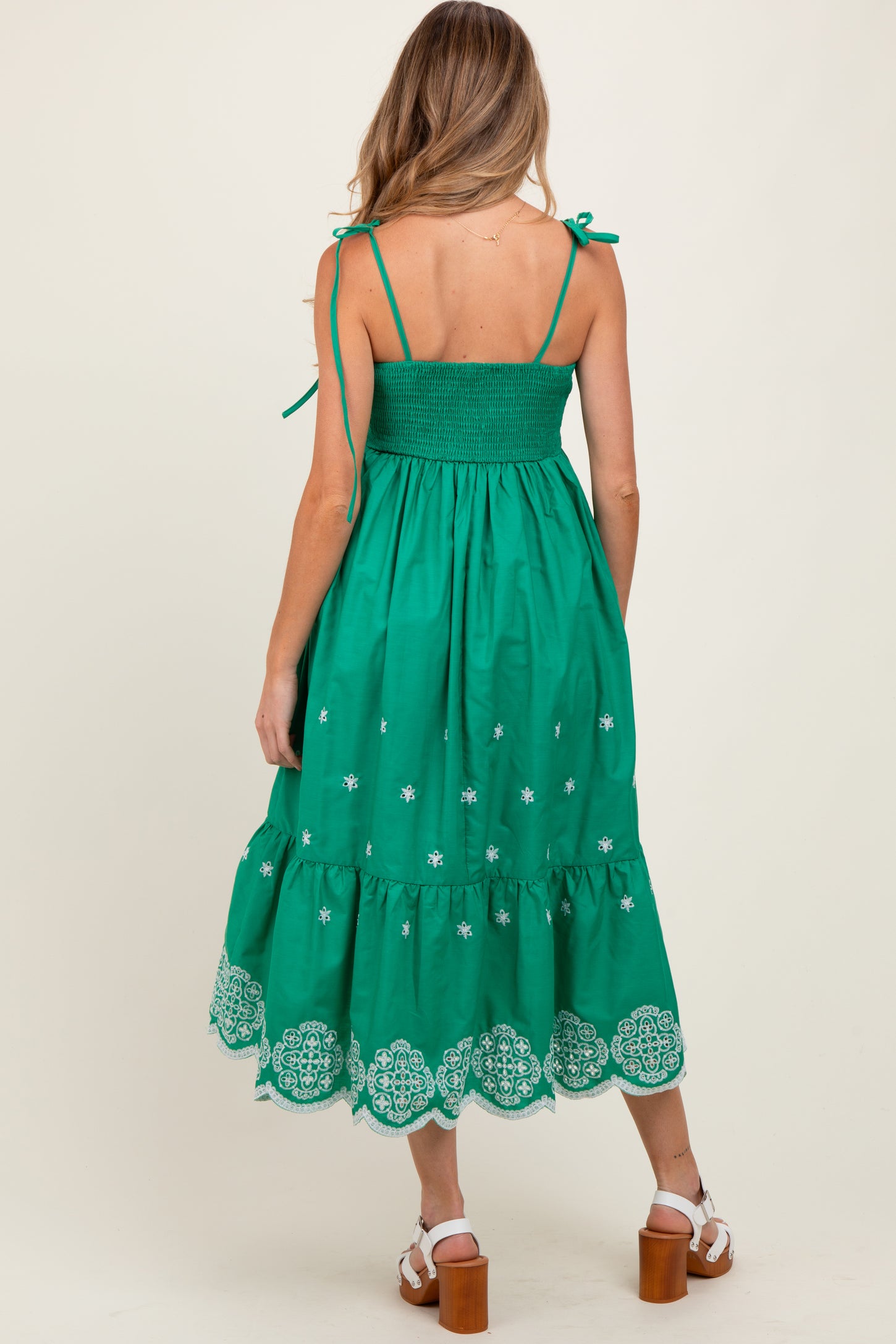Green Embroidered Shoulder Tie Maternity Midi Dress