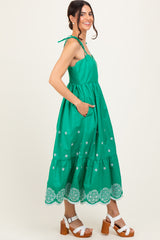 Green Embroidered Shoulder Tie Midi Dress