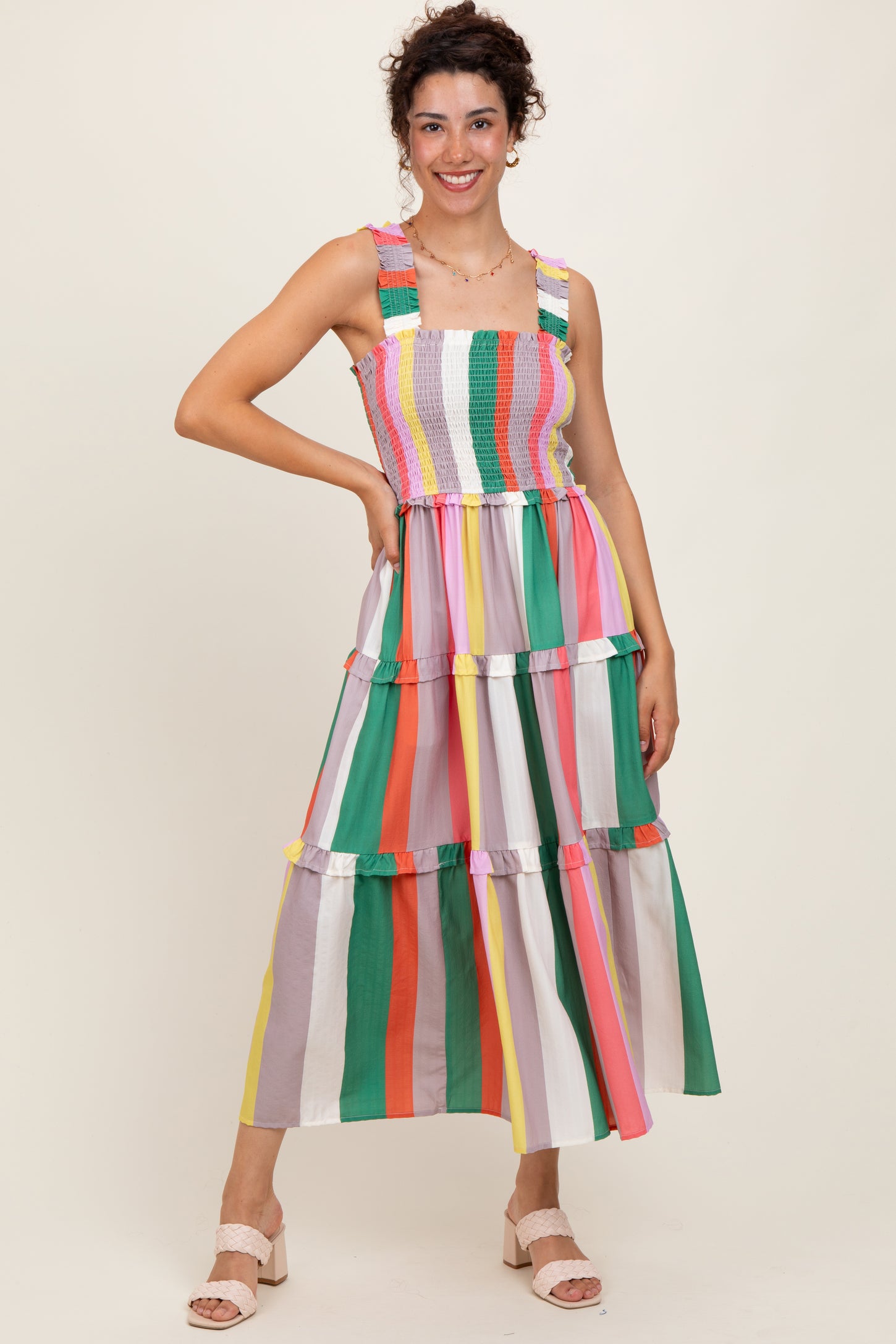 Green Wide Stripe Smocked Tiered Midi Dress