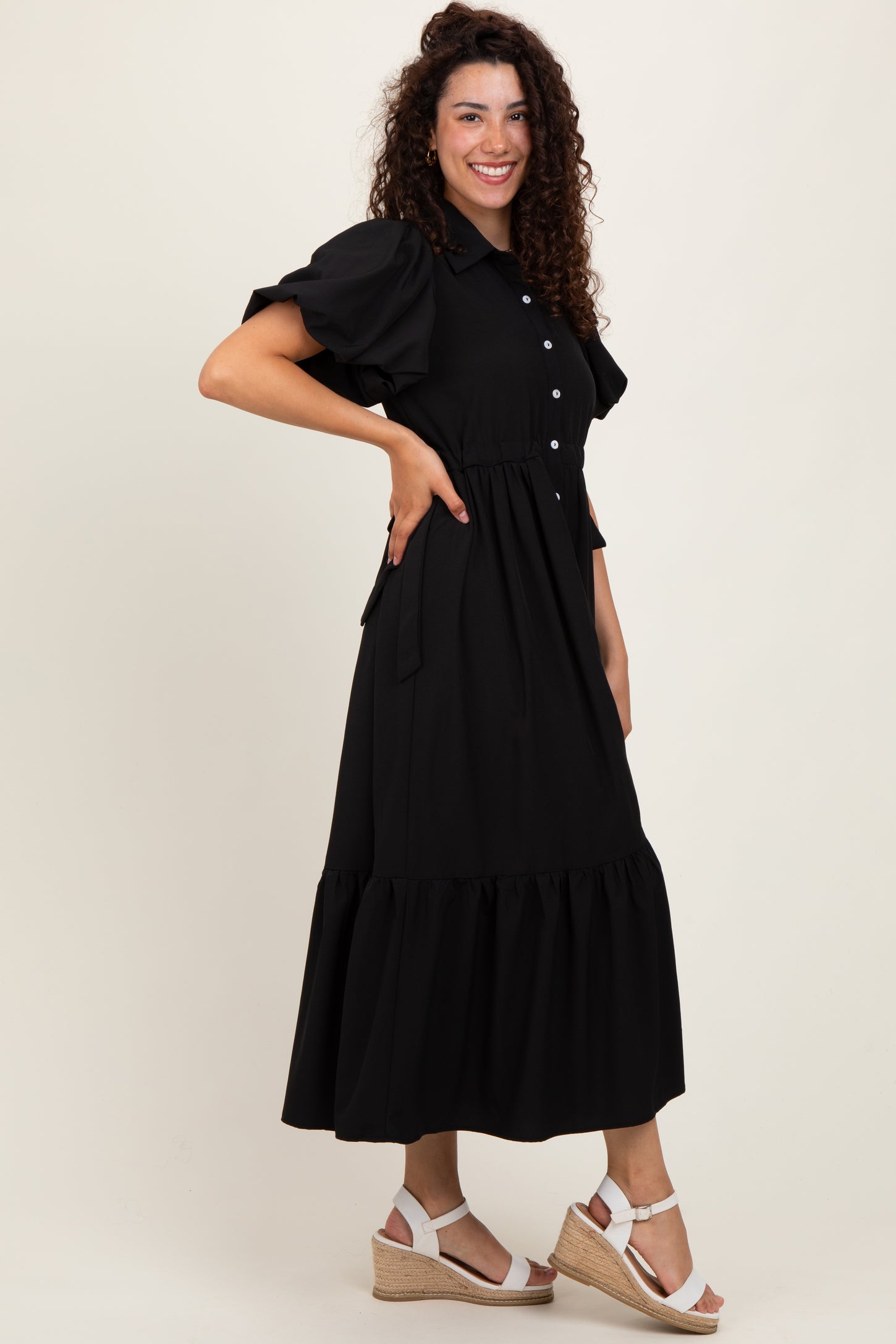 Black Puff Sleeve Side Tie Midi Shirt Dress