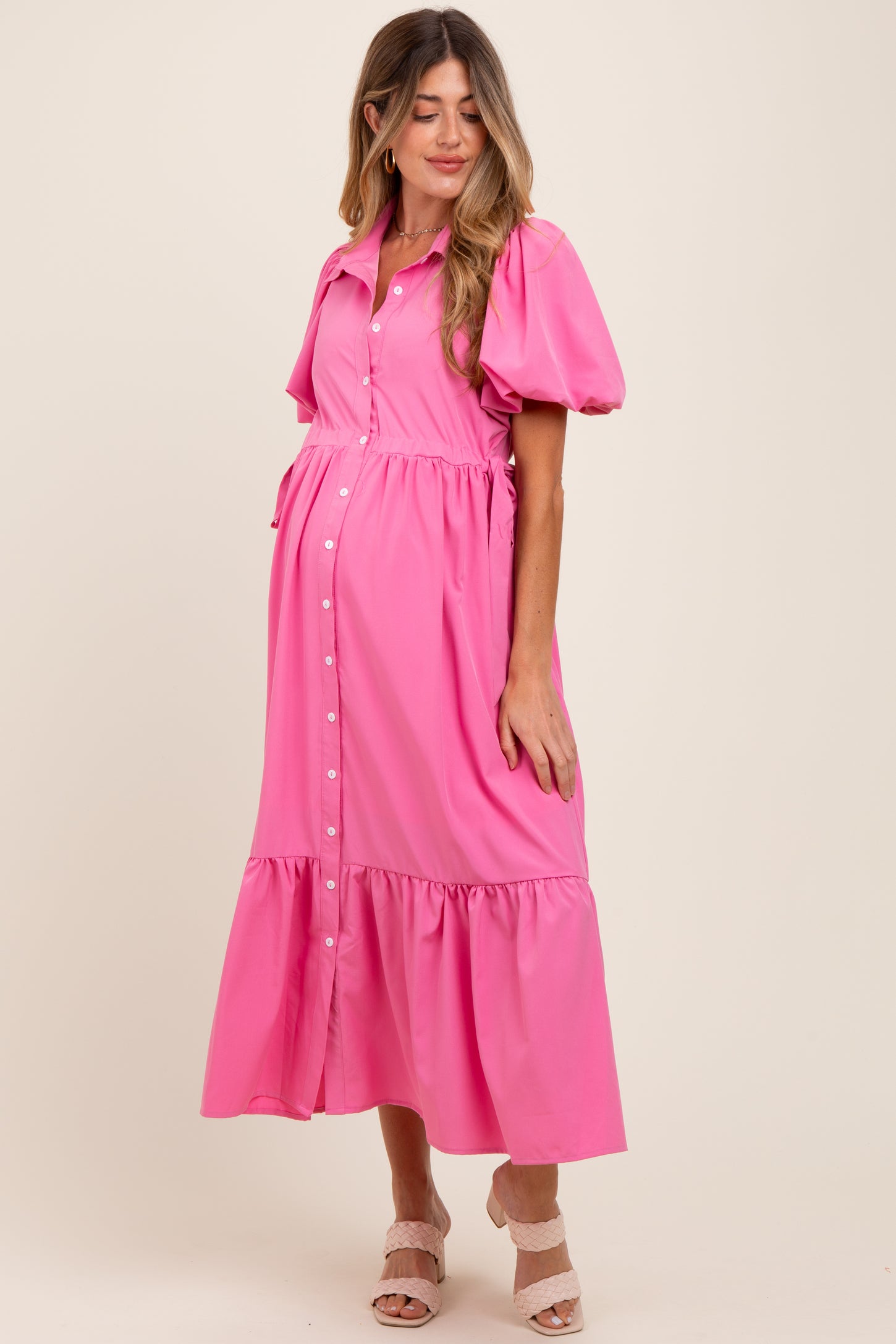 Pink Puff Sleeve Side Tie Maternity Midi Shirt Dress
