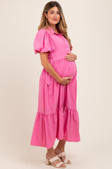 Pink Puff Sleeve Side Tie Maternity Midi Shirt Dress
