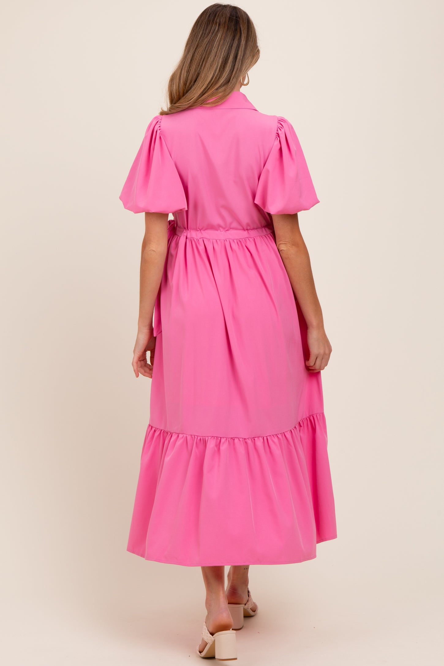 Pink Puff Sleeve Side Tie Maternity Midi Shirt Dress