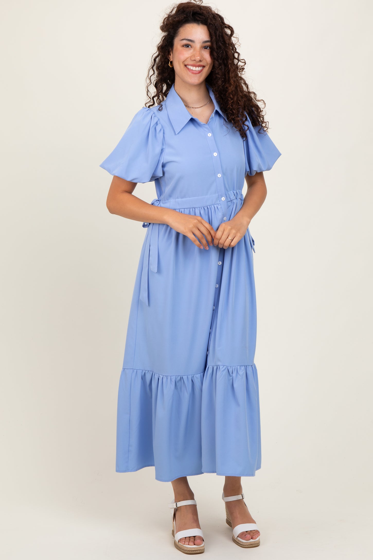 Light Blue Puff Sleeve Side Tie Maternity Midi Shirt Dress