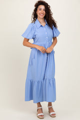 Light Blue Puff Sleeve Side Tie Maternity Midi Shirt Dress