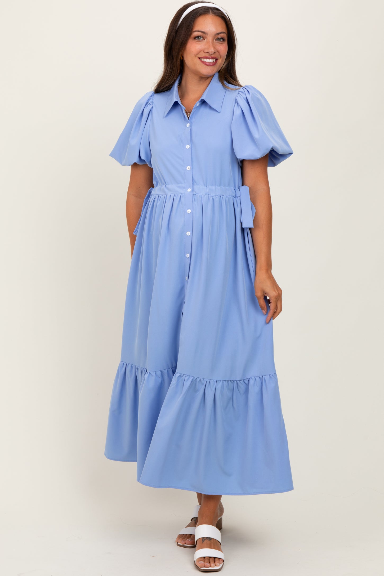 Light Blue Puff Sleeve Side Tie Maternity Midi Shirt Dress