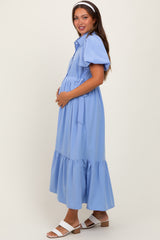 Light Blue Puff Sleeve Side Tie Maternity Midi Shirt Dress