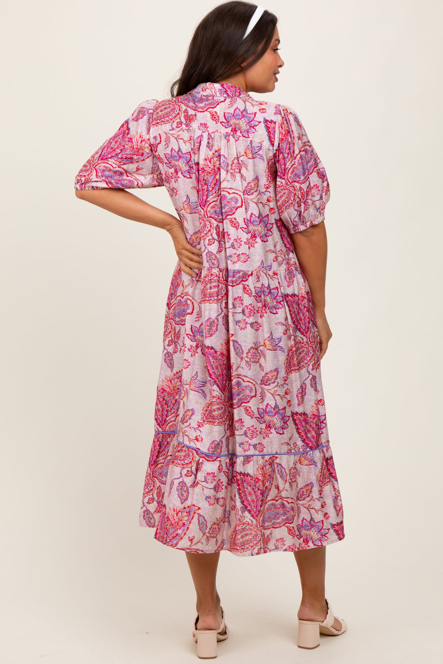 Pink Paisley Collared Ruffle Hem Maternity Midi Dress