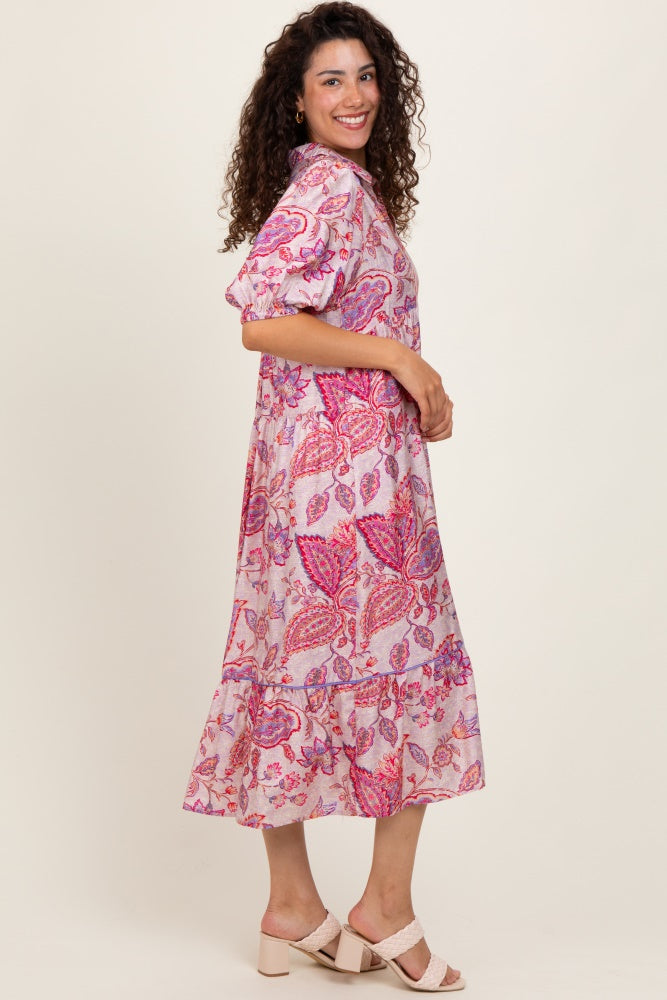 Pink Paisley Collared Ruffle Hem Midi Dress