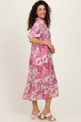 Pink Paisley Collared Ruffle Hem Midi Dress