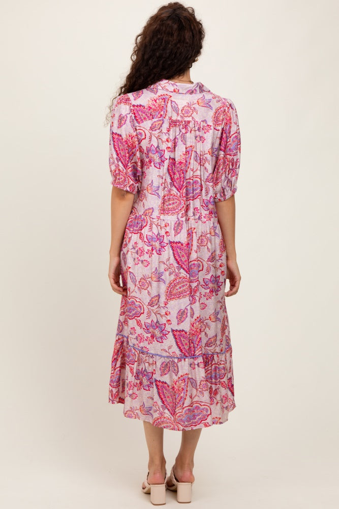 Pink Paisley Collared Ruffle Hem Midi Dress