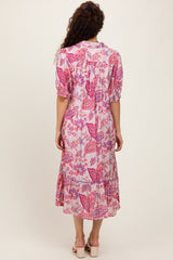 Pink Paisley Collared Ruffle Hem Midi Dress
