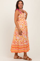 Yellow Floral Shoulder Tie Smocked Maternity Midi Dress