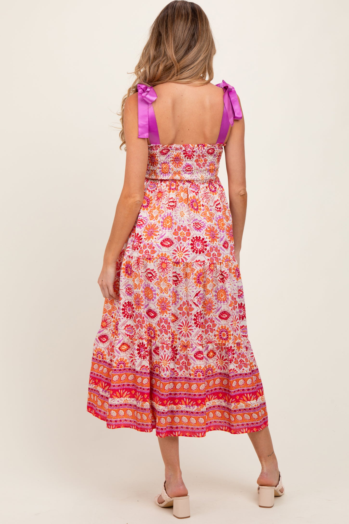 Orange Floral Shoulder Tie Smocked Maternity Midi Dress