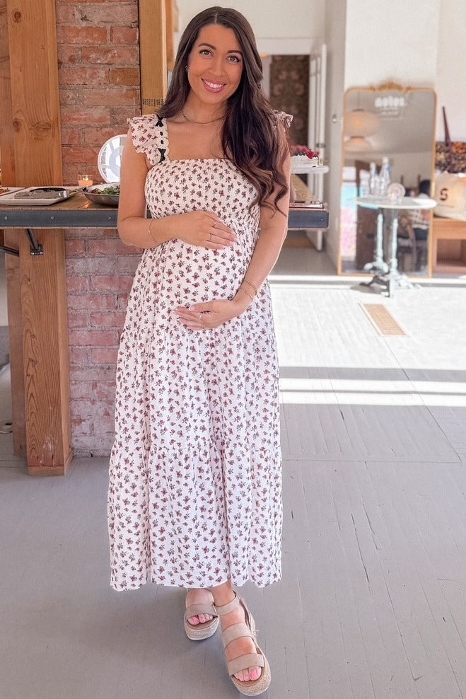 Red Floral Bow Trim Lace Detail Smocked Maternity Maxi Dress