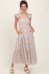 Red Floral Bow Trim Lace Detail Smocked Maternity Maxi Dress
