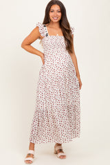 Red Floral Bow Trim Lace Detail Smocked Maternity Maxi Dress