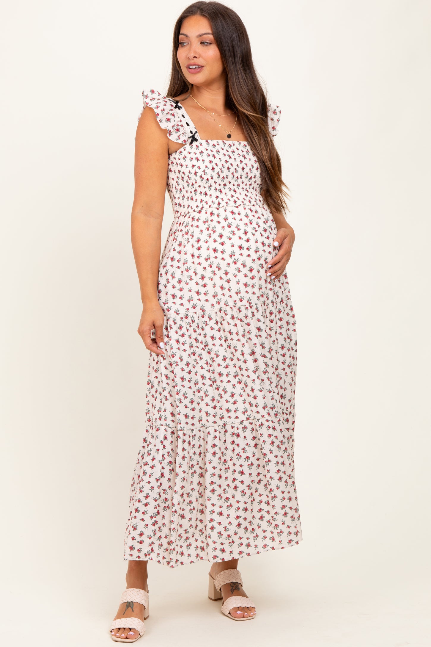 Red Floral Bow Trim Lace Detail Smocked Maternity Maxi Dress