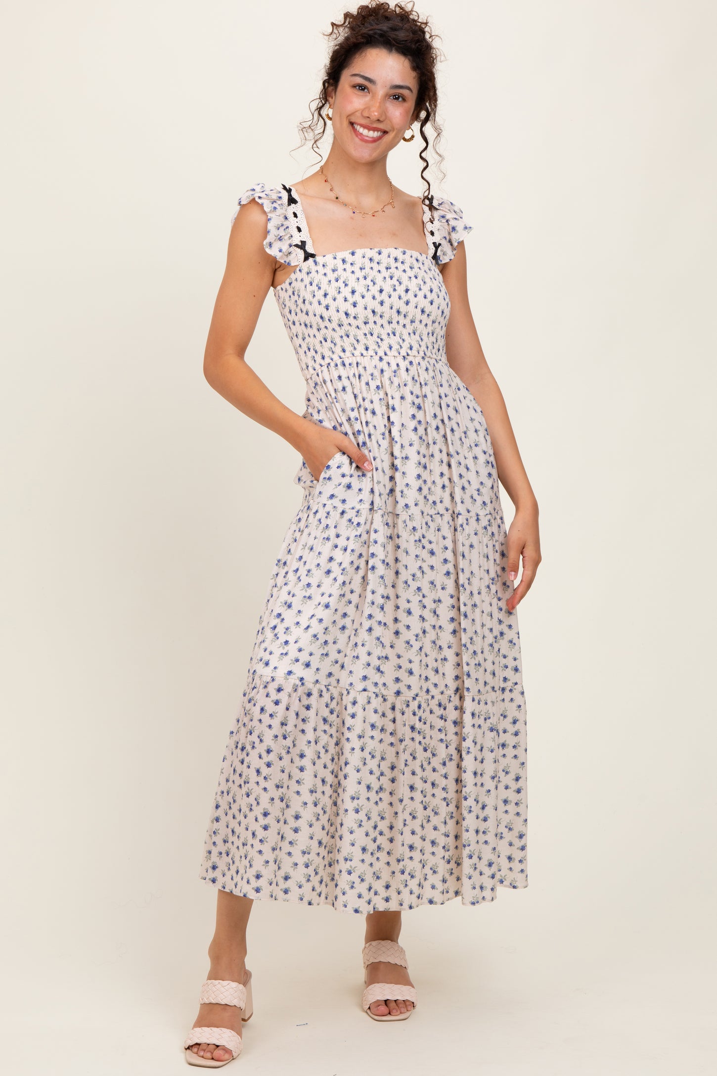 Blue Floral Bow Trim Lace Detail Smocked Maxi Dress
