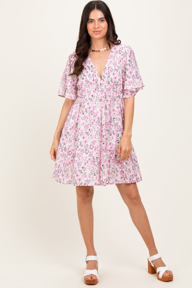 Pink Floral V-Neck Flutter Sleeve Mini Dress