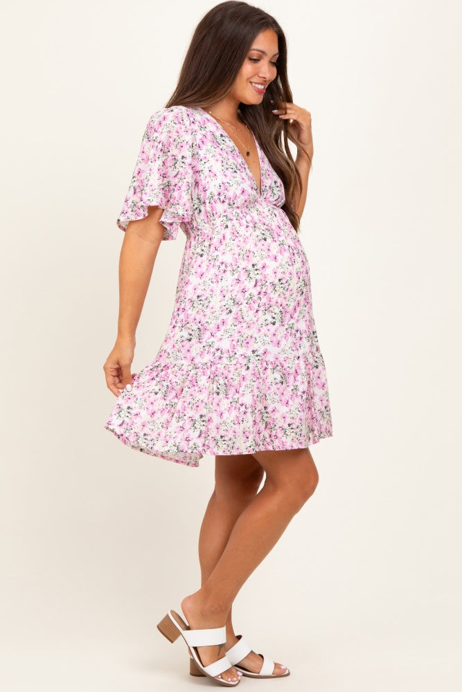 Pink Floral V-Neck Flutter Sleeve Maternity Mini Dress