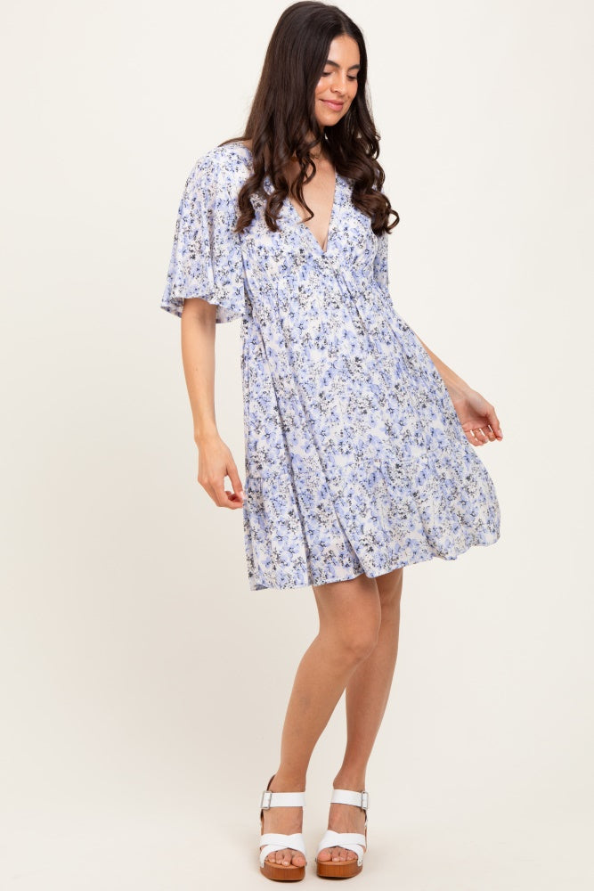 Periwinkle Floral V-Neck Flutter Sleeve Mini Dress