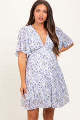Periwinkle Floral V-Neck Flutter Sleeve Maternity Mini Dress