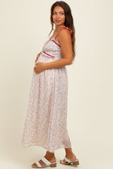 Pink Floral Ruffle Detail Shoulder Tie Maternity Midi Dress