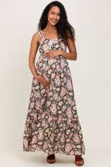 Mocha Floral Ruffle Detail Maternity Maxi Dress