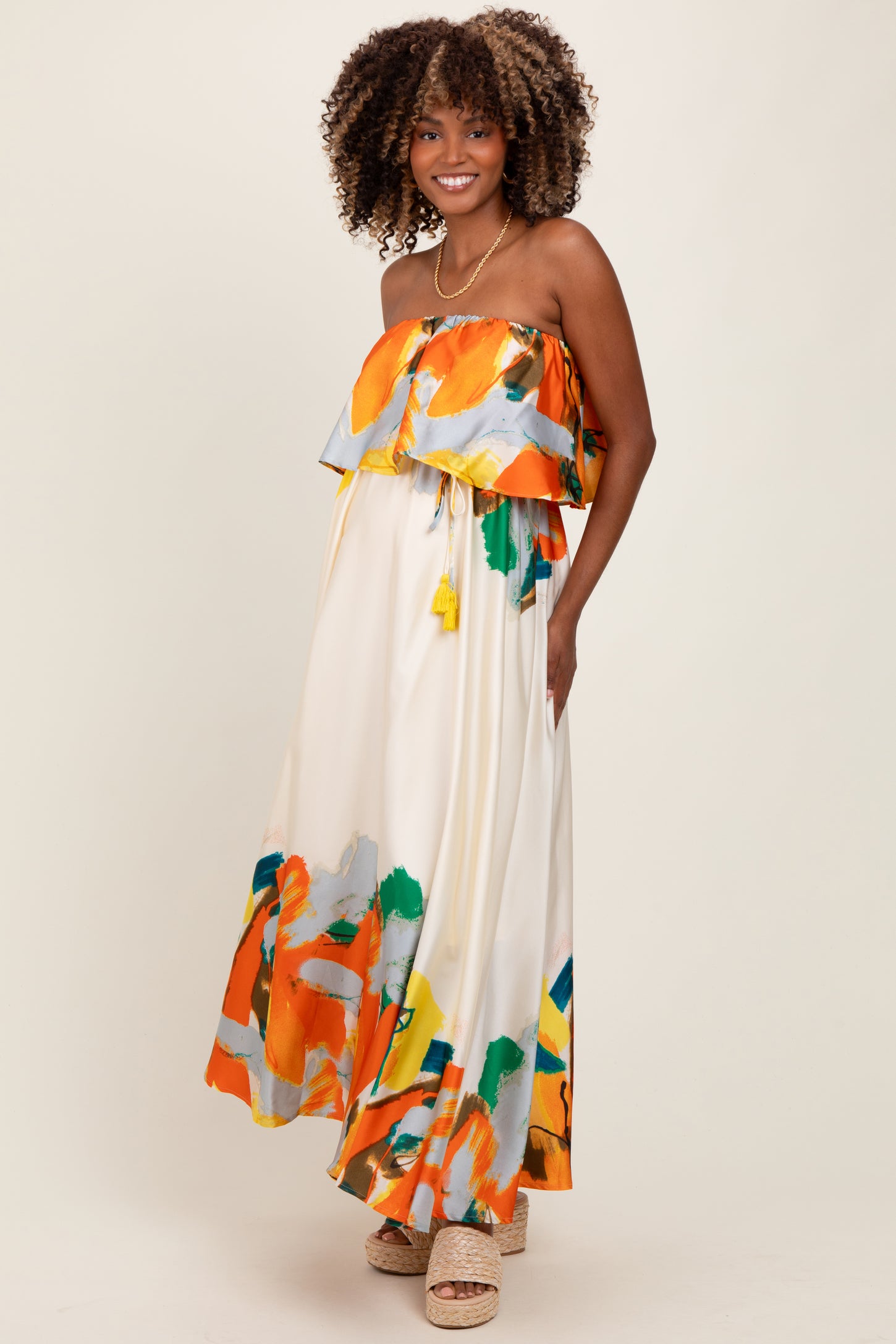 Orange Abstrast Print Strapless Flounce Maternity Maxi Dress