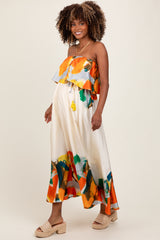 Orange Abstrast Print Strapless Flounce Maternity Maxi Dress
