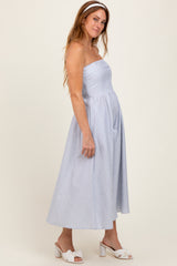 Blue Multi Stripe Strapless Midi Dress