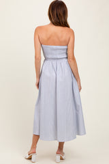 Blue Multi Stripe Strapless Midi Dress