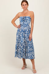 Royal Blue Animal Print Front Tie Strapless Maternity Midi Dress