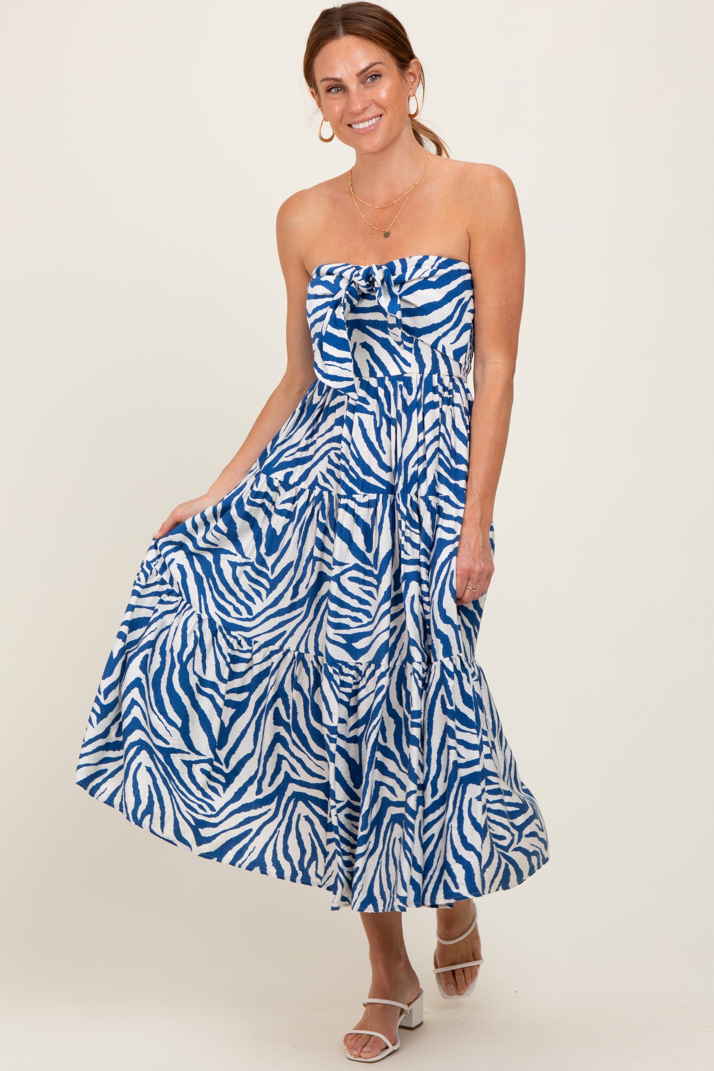 Royal Blue Animal Print Front Tie Strapless Midi Dress