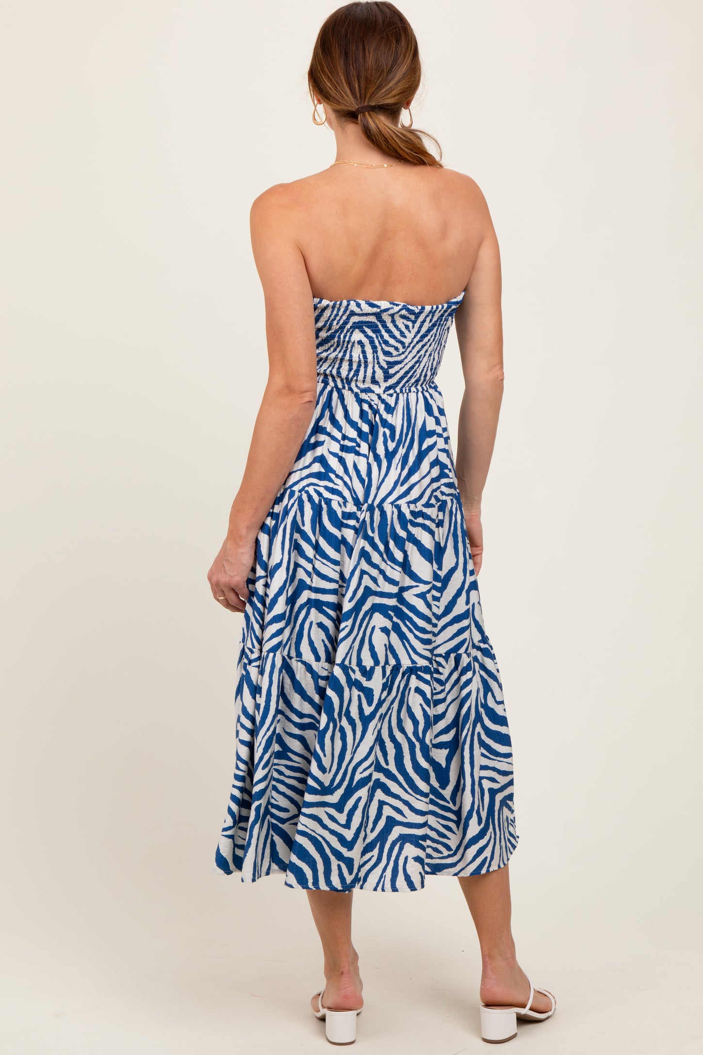 Royal Blue Animal Print Front Tie Strapless Midi Dress