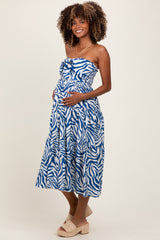 Royal Blue Animal Print Front Tie Strapless Maternity Midi Dress
