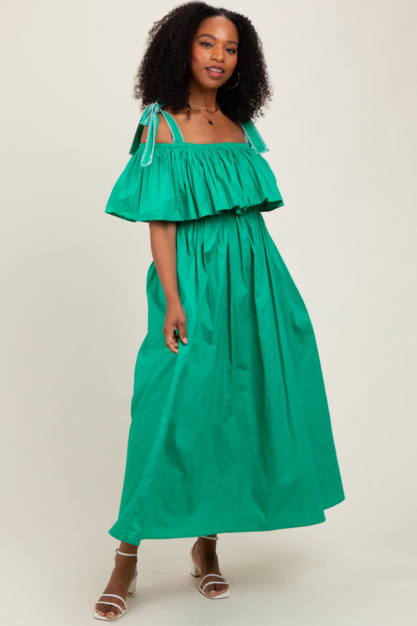 Green Shoulder Tie Flounce Midi Dress