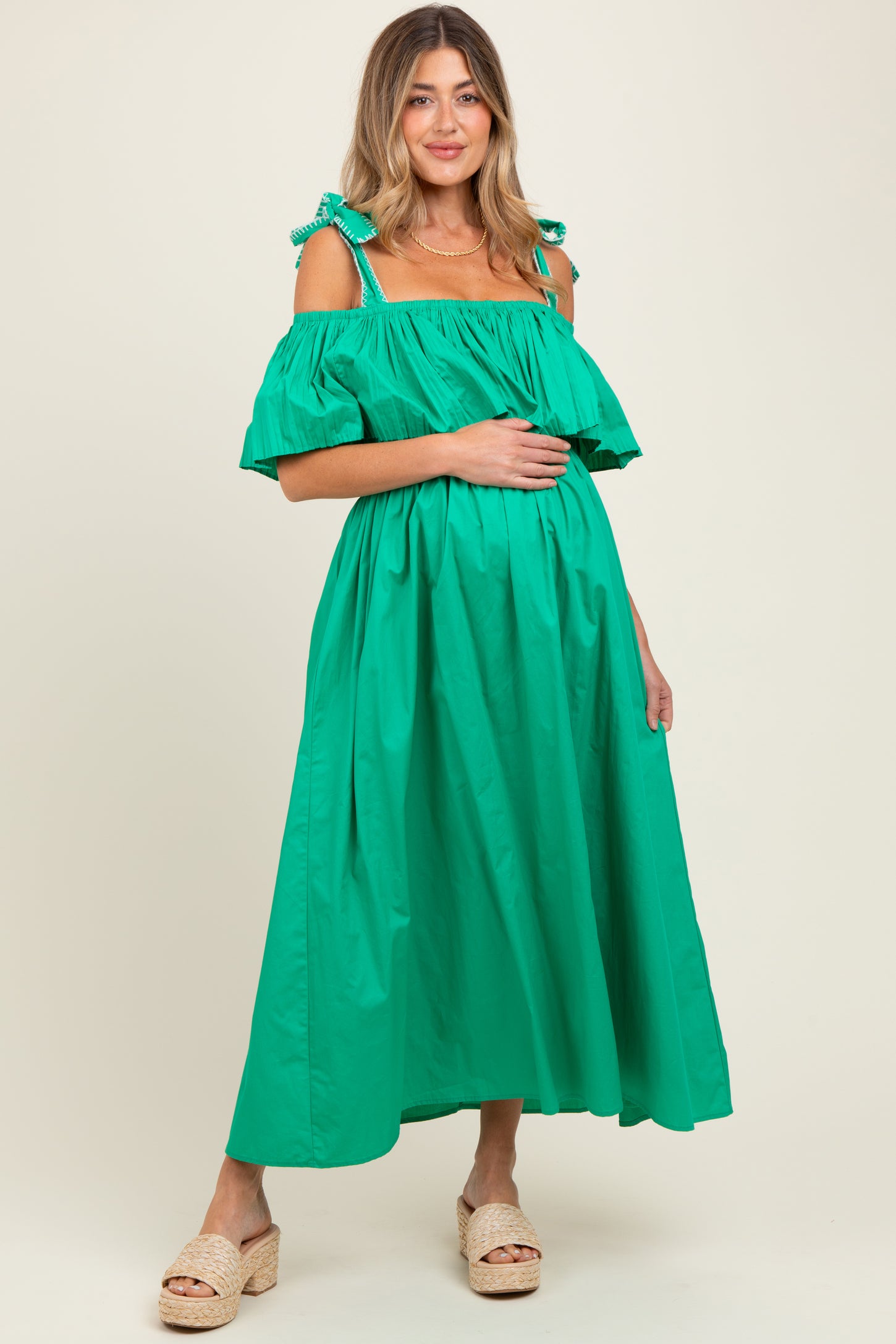 Green Shoulder Tie Flounce Maternity Midi Dress