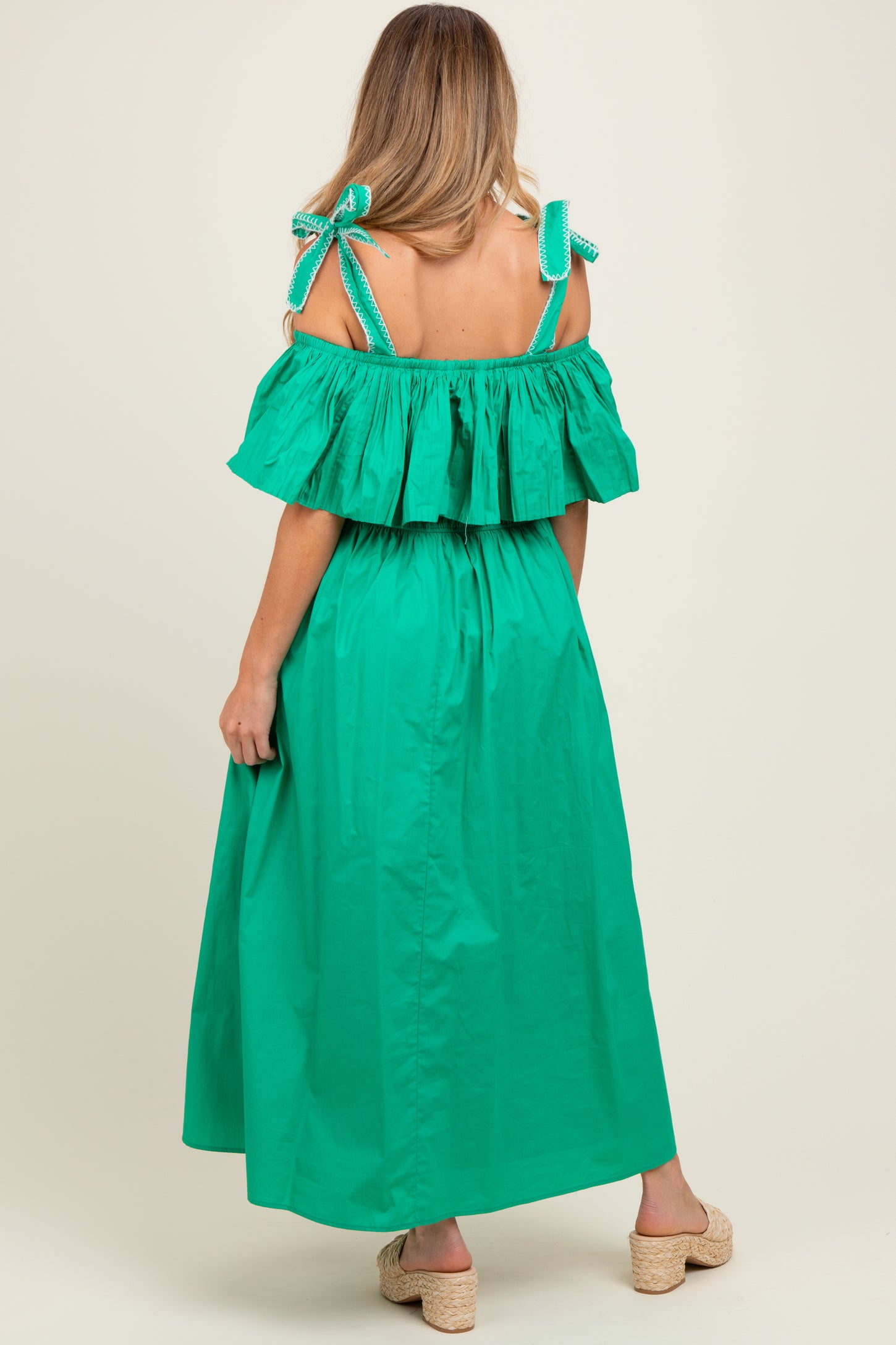 Green Shoulder Tie Flounce Maternity Midi Dress