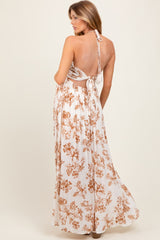 Taupe Floral Tie-Back Halter Maternity Maxi Dress