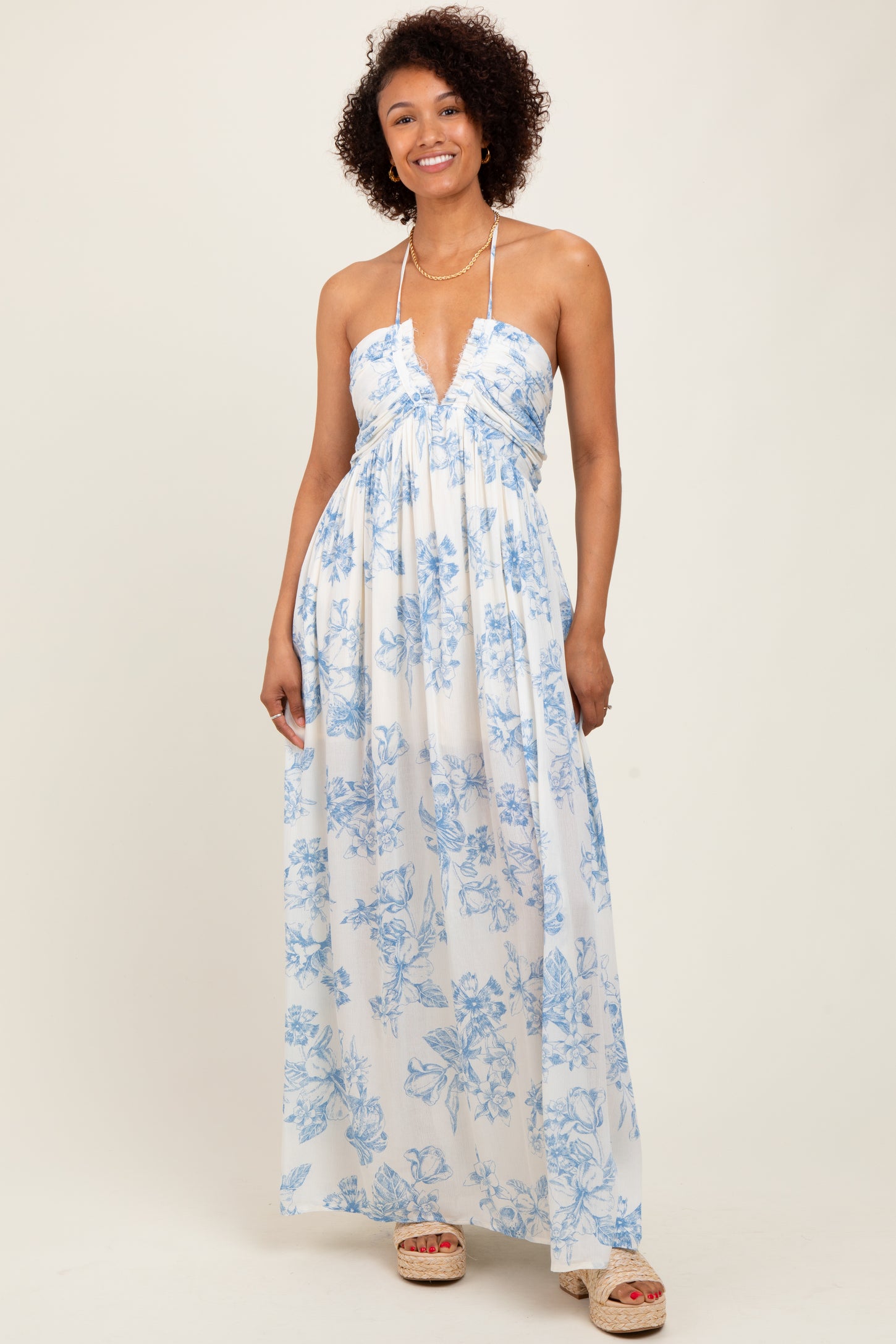 Light Blue Floral Tie-Back Halter Maternity Maxi Dress