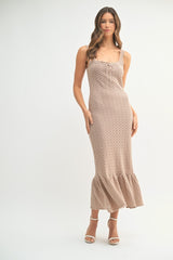 Light Taupe Crochet Knit Front Tie Midi Dress
