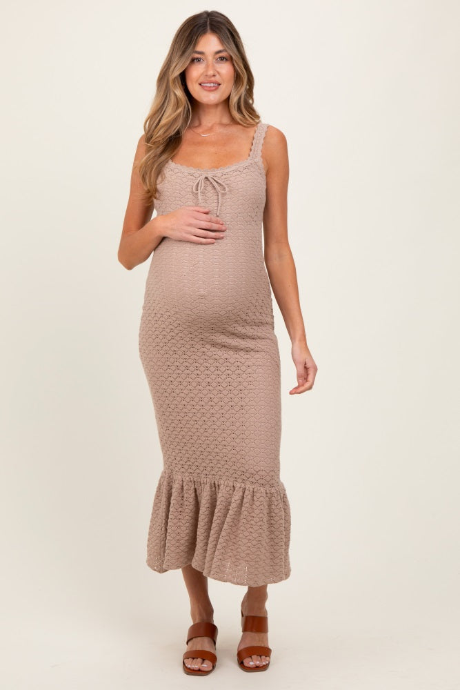 Light Taupe Crochet Knit Front Tie Maternity Midi Dress