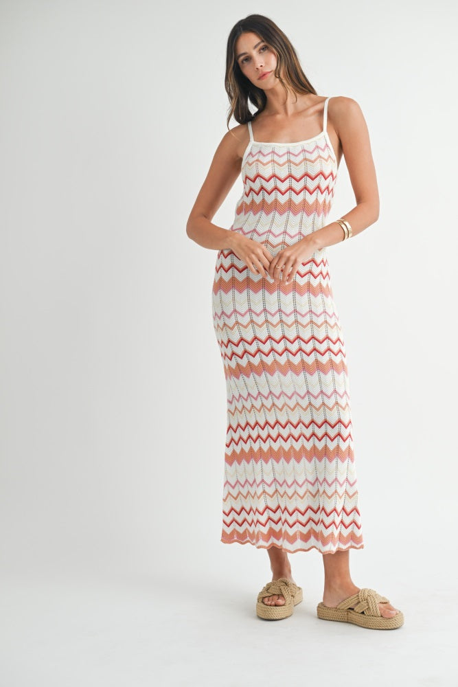 Salmon Pointelle Chevron Knit Open Back Midi Dress