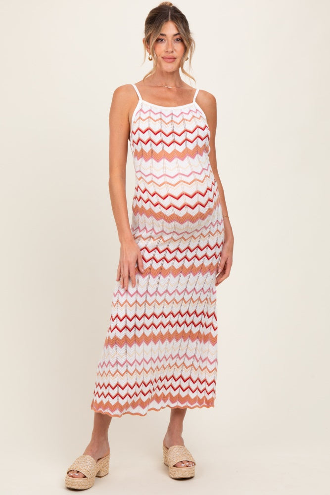 Salmon Pointelle Chevron Knit Open Back Maternity Midi Dress