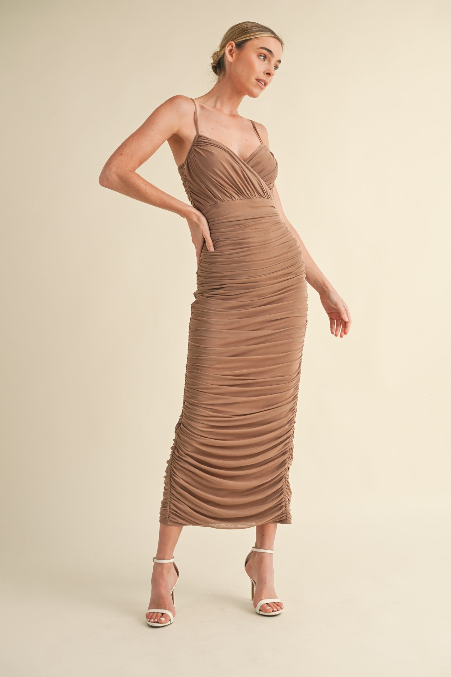 Mocha Mesh Ruched Fitted Maternity Midi Dress