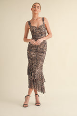 Mocha Animal Print Ruched Mermaid Maternity Midi Dress